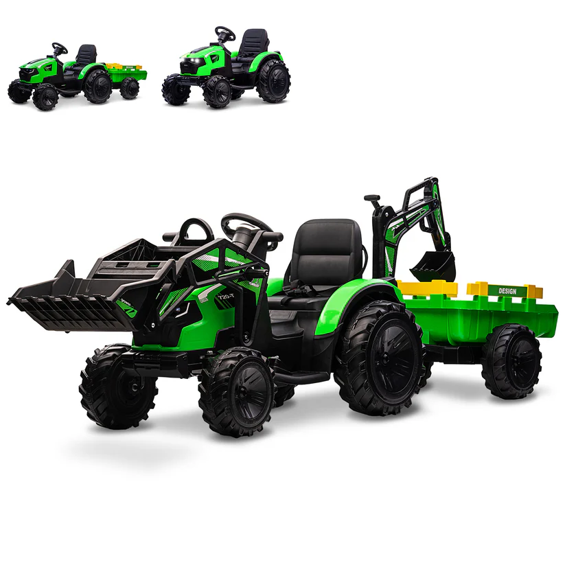 3-in-1 Ride-On Tractor, 24V Electric, Excavator & Bulldozer, Remote Control, LED, Music, USB/Bluetooth max 66 lbs