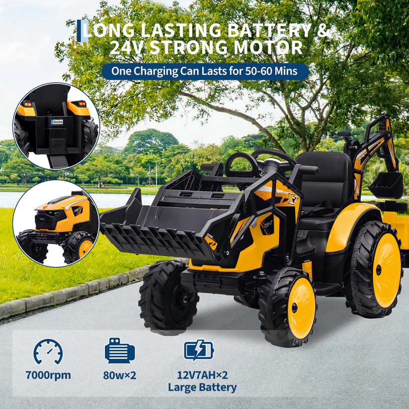 3-in-1 Ride-On Tractor, 24V Electric, Excavator & Bulldozer, Remote Control, LED, Music, USB/Bluetooth max 66 lbs