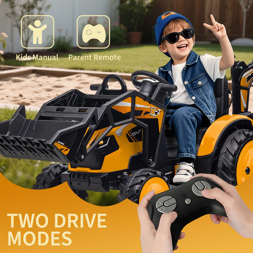 3-in-1 Ride-On Tractor, 24V Electric, Excavator & Bulldozer, Remote Control, LED, Music, USB/Bluetooth max 66 lbs