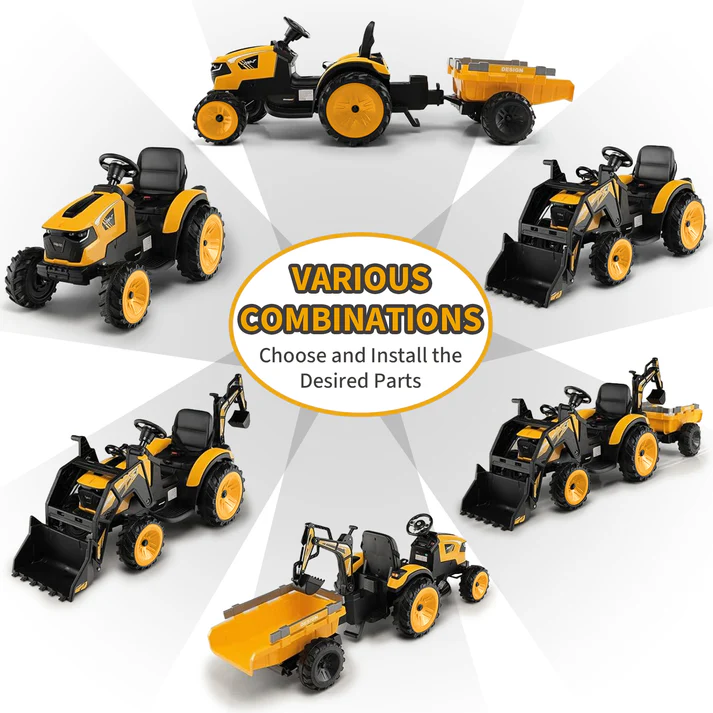 3-in-1 Ride-On Tractor, 24V Electric, Excavator & Bulldozer, Remote Control, LED, Music, USB/Bluetooth max 66 lbs