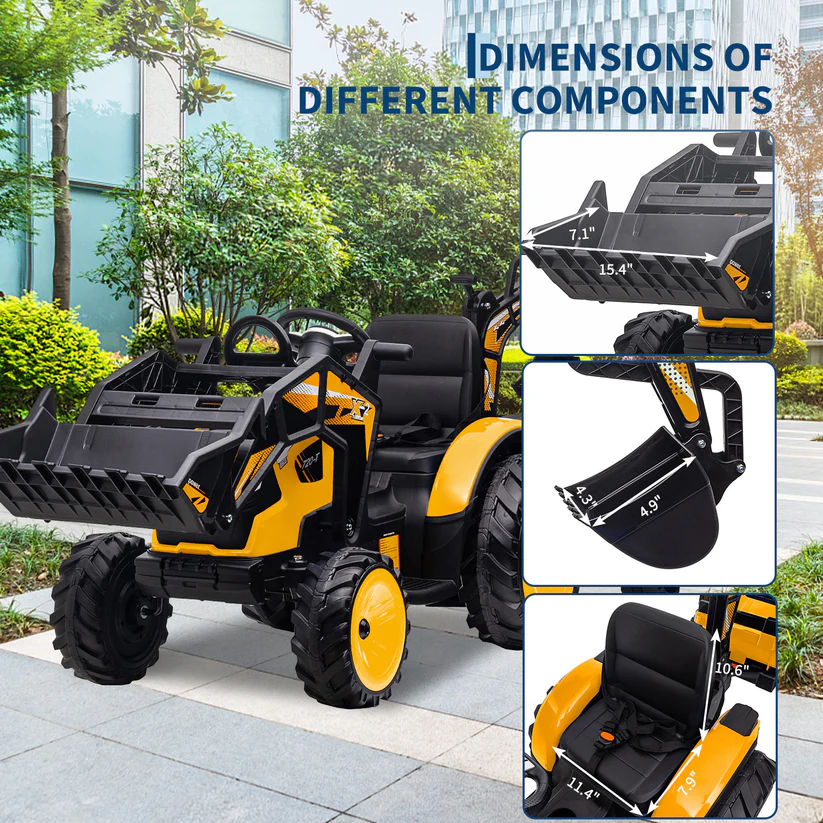 3-in-1 Ride-On Tractor, 24V Electric, Excavator & Bulldozer, Remote Control, LED, Music, USB/Bluetooth max 66 lbs