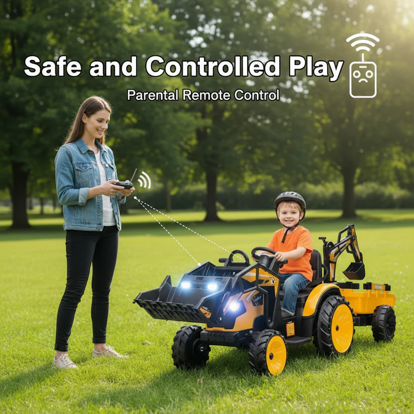 3-in-1 Ride-On Tractor, 24V Electric, Excavator & Bulldozer, Remote Control, LED, Music, USB/Bluetooth max 66 lbs