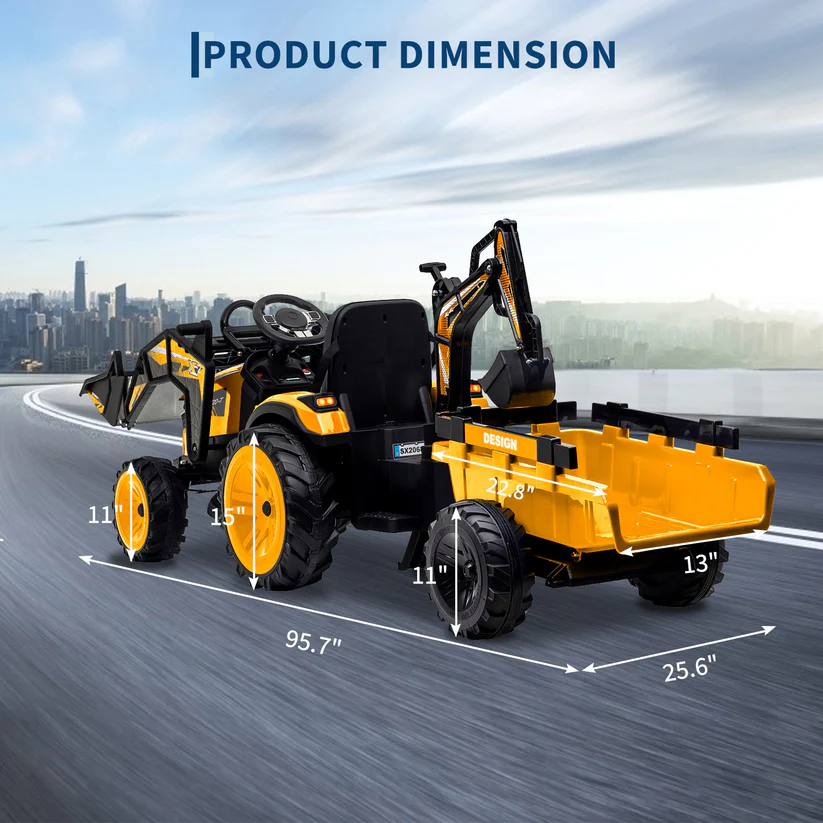 3-in-1 Ride-On Tractor, 24V Electric, Excavator & Bulldozer, Remote Control, LED, Music, USB/Bluetooth max 66 lbs