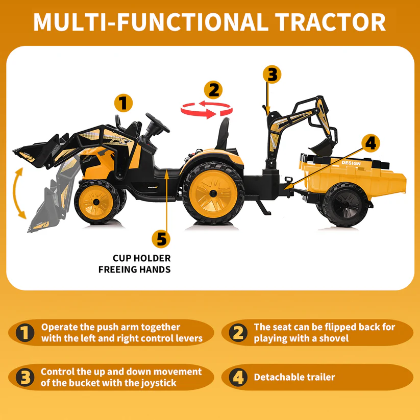 3-in-1 Ride-On Tractor, 24V Electric, Excavator & Bulldozer, Remote Control, LED, Music, USB/Bluetooth max 66 lbs