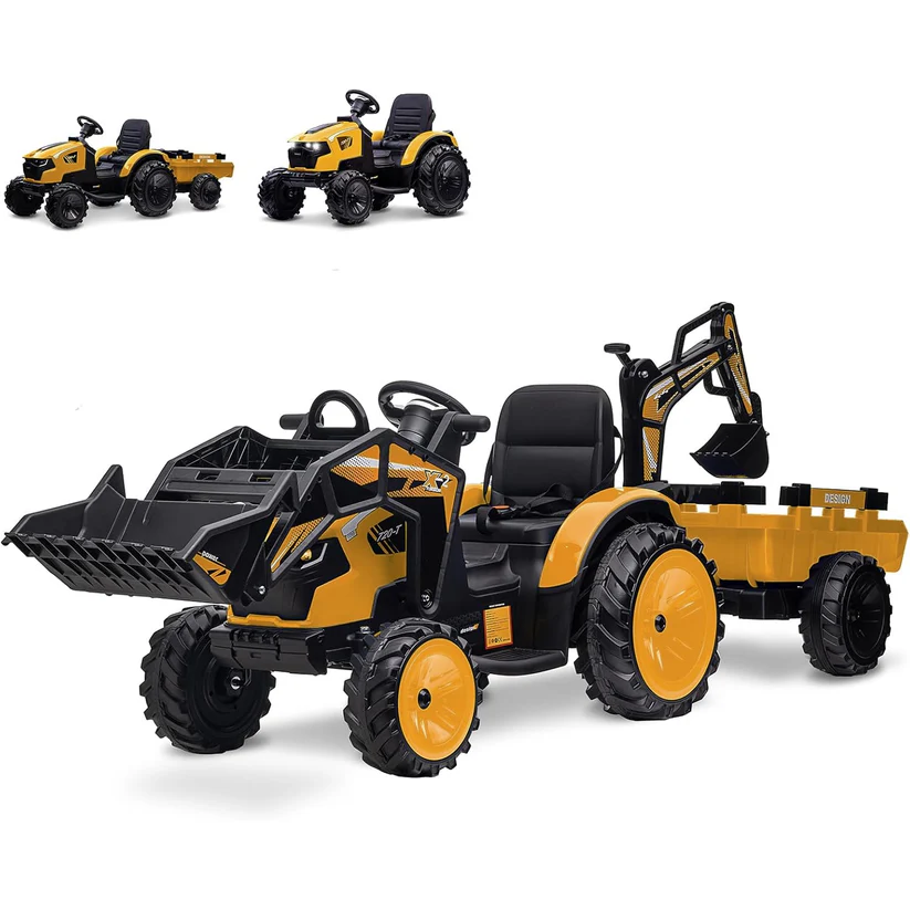 3-in-1 Ride-On Tractor, 24V Electric, Excavator & Bulldozer, Remote Control, LED, Music, USB/Bluetooth max 66 lbs